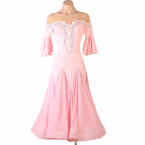 Girls women blue pink ballroom dance dresses embroidered lace flowers gemstones competition waltz tango foxtrot rhythm smooth foxtrot solo dancing long gown for women